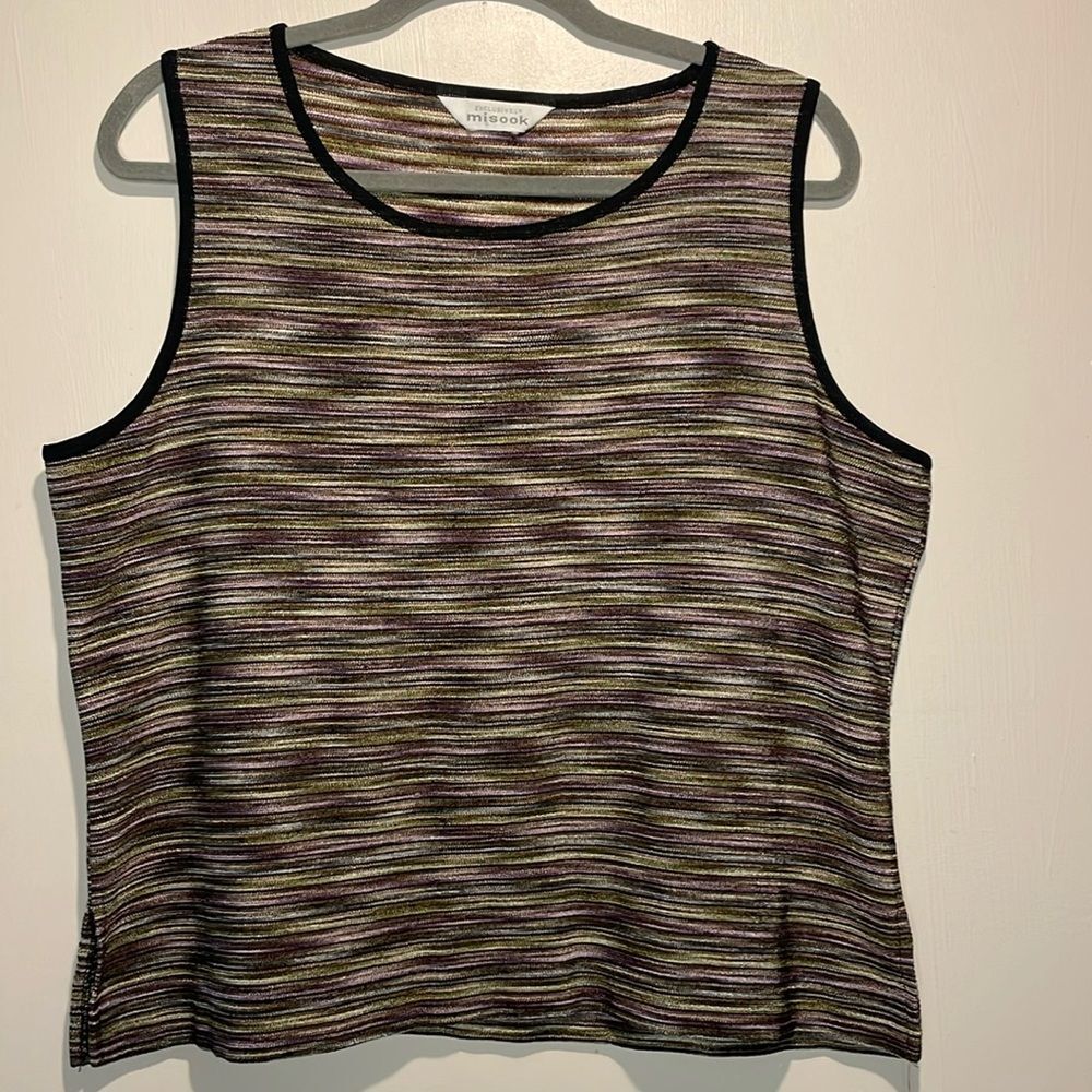 Exclusively Misook- Dark Neutrals Striped Sleeveless Blouse Tank Top- Size M/L